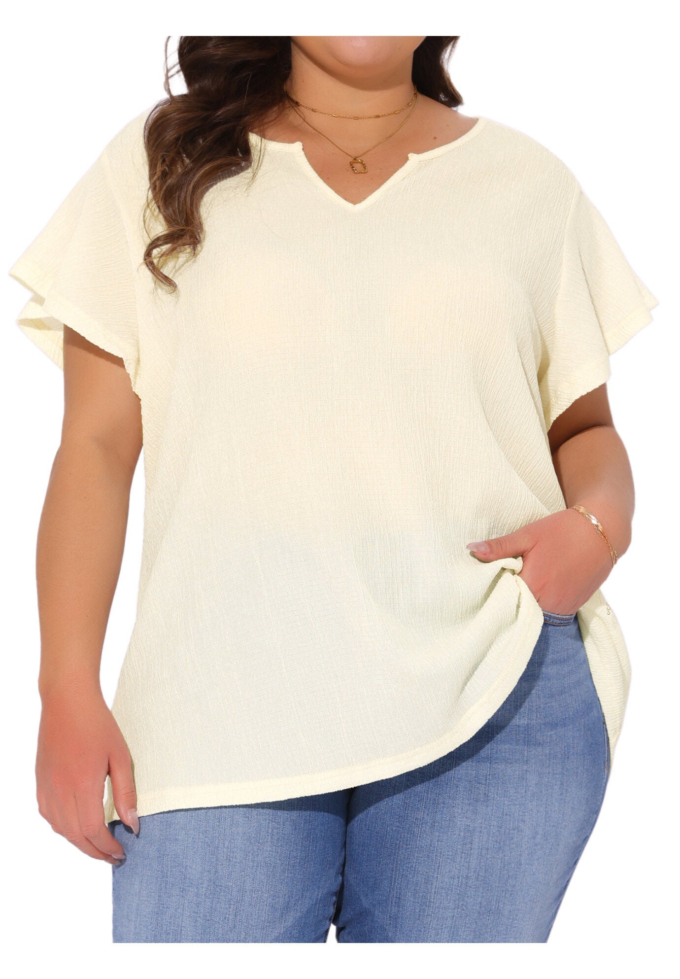 V Neck Ruffle Short Sleeve Summer Blouse, Beige / Beige, alternate image number 1