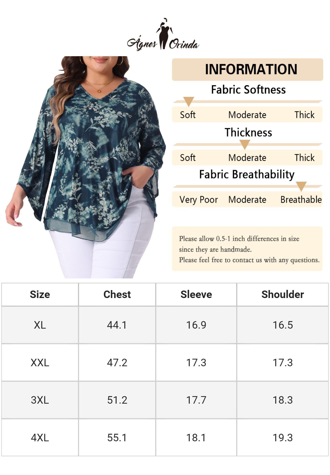 V Neck Mesh Flowy 3/4 Flared Sleeve Tunic Blouse Top, Cyan / Teal, alternate image number 4