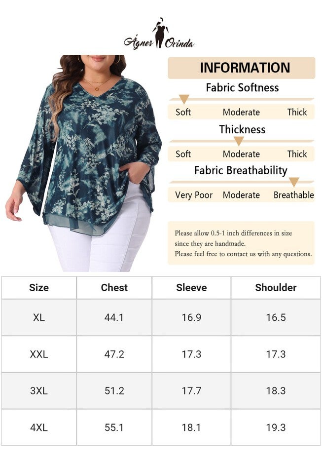 V Neck Mesh Flowy 3/4 Flared Sleeve Tunic Blouse Top, Cyan / Teal, alternate image number 4