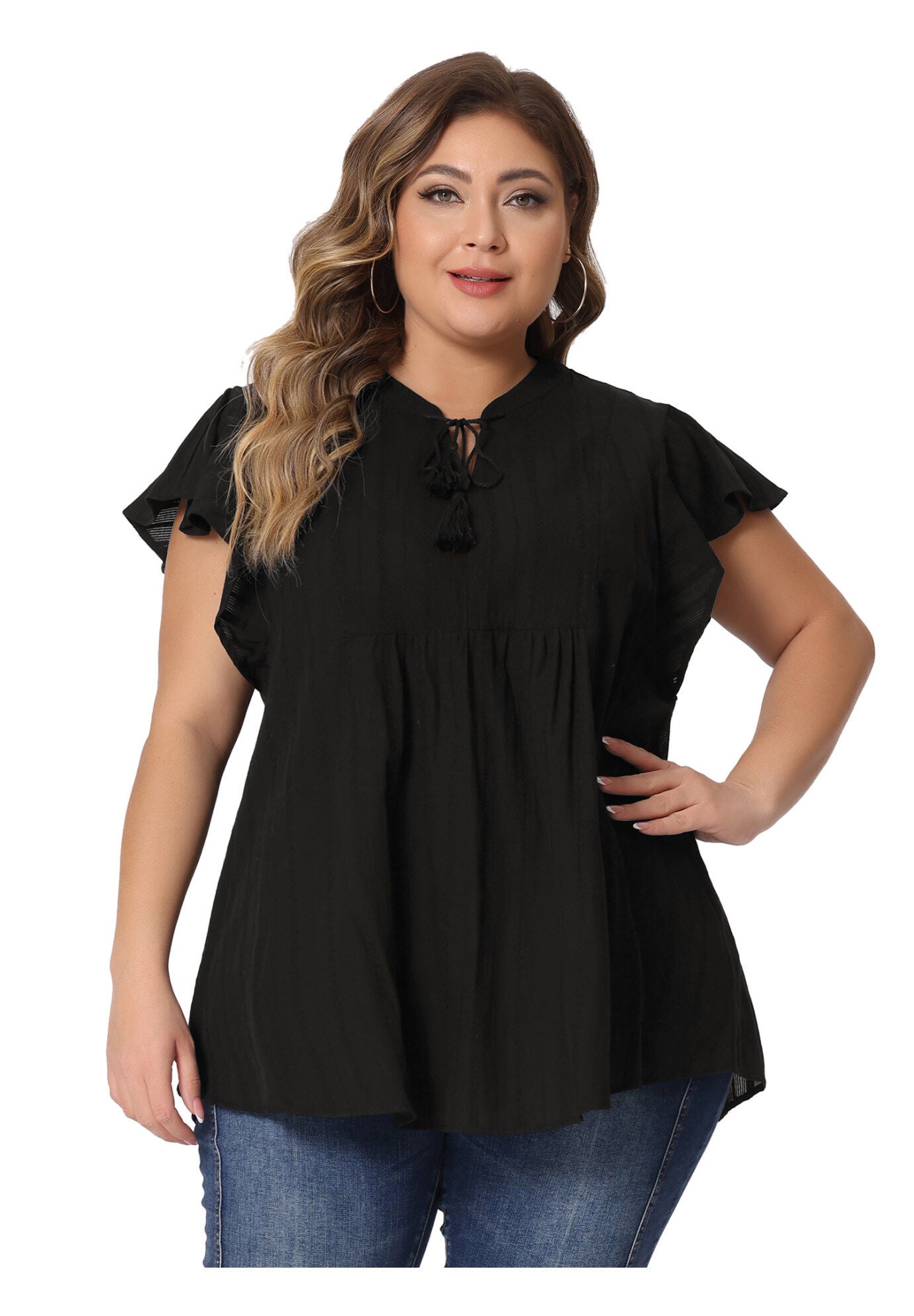 V NECK TASSEL SELF TIE FLUTTER BLOUSE, Black / Black, alternate image number 2
