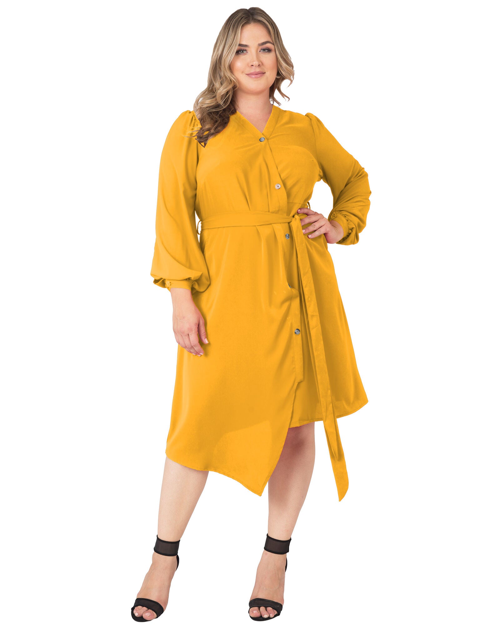 Standards & Practices Asymmetrical Hem Button-Up Wrap Lantern Sleeve Dress, GINGER / Mustard, alternate image number 1