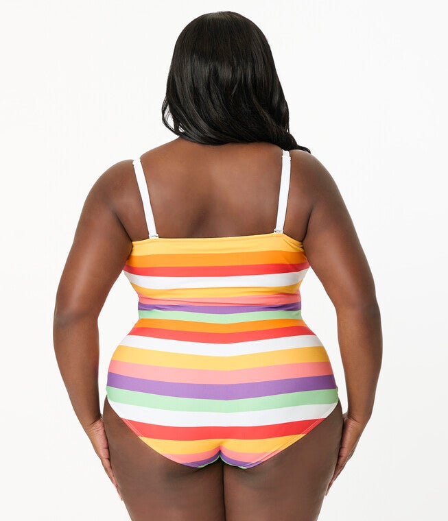 Unique Vintage Plus Size Rainbow Stripe Barbara One Piece Swimsuit, Light Blue / Light Blue, alternate image number 1