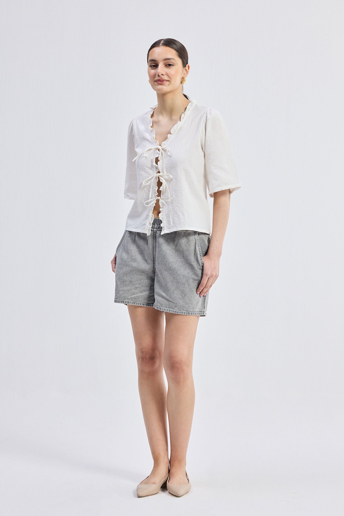 Relaxed Fit Top With Ruffles and Front-Ties in Cream, Striped Horizon / White, hi-res image number 0