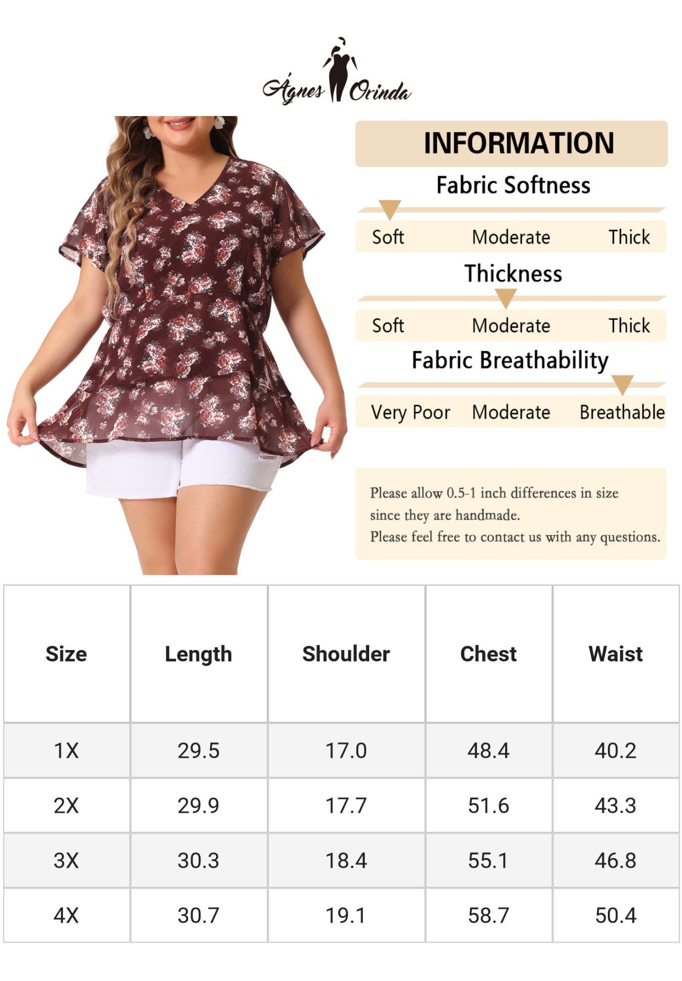 Short Sleeve Layered Casual Floral Blouse Summer Top, Wine Red / Burgundy, alternate image number 2