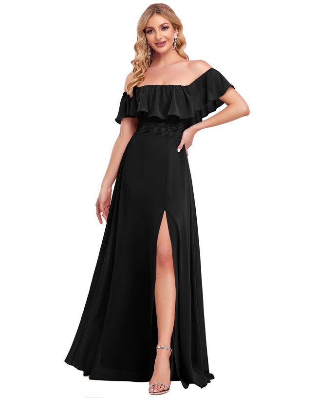 Women's Off Shoulder Ruffle Thigh Slit Bridesmaid Dresses, Black / Black, alternate image number null