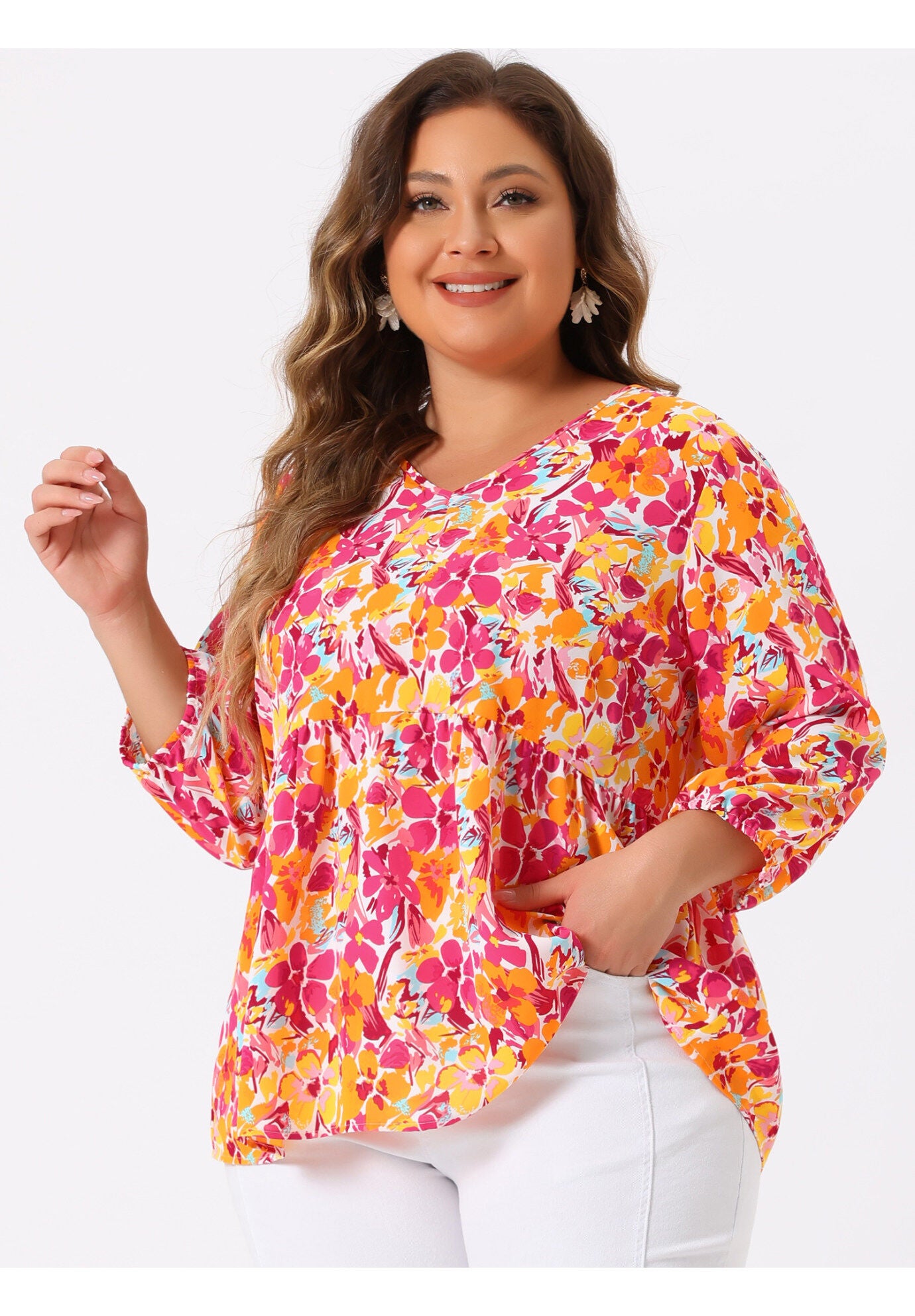 V Neck Babydoll Flowy 3/4 Lantern Sleeve Floral Blouse, Orange Pink / Pink, alternate image number 1