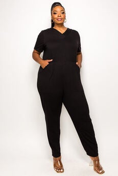 Plus Size Woven V Neck Short Sleeve Jumpsuit
