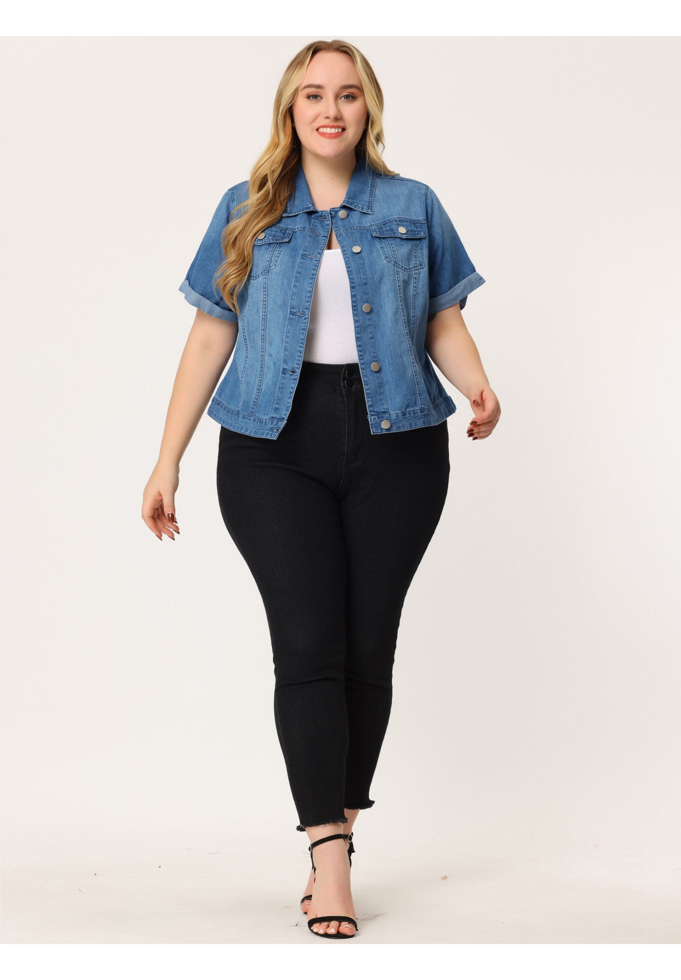 BUTTON FRONT CROP JEAN SHORT SLEEVE DENIM JACKET, Sky Blue / Light Blue, hi-res image number 0