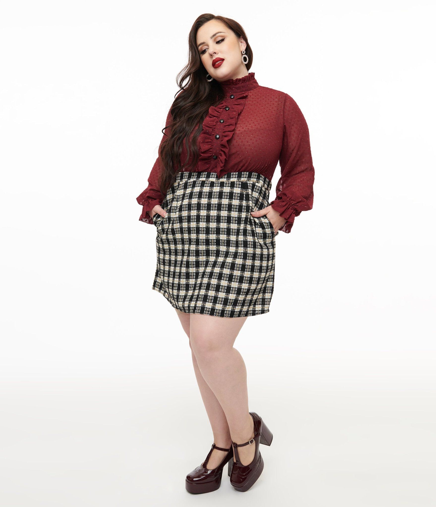 Smak Parlour Plus Size 1960s Burgundy & Plaid Ruffle Neck Empire A-Line Dress, Burgundy  Plaid / Burgundy, hi-res image number 0