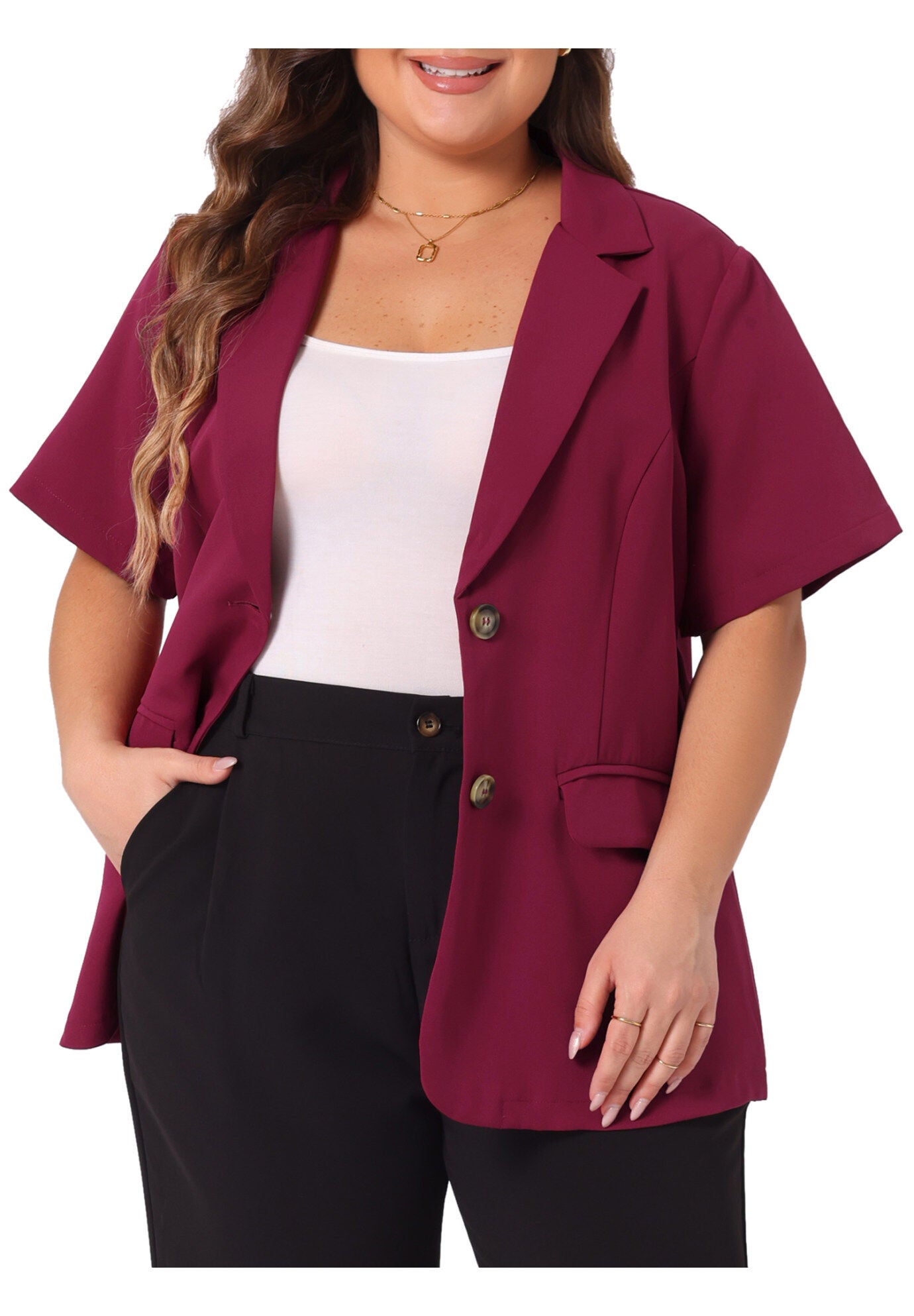 SHORT SLEEVE NOTCHED LAPEL BUTTON WORK BLAZER, Burgundy / Red, alternate image number 2