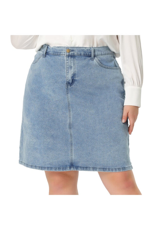 CLASSIC 4-POCKET DENIM PENCIL SKIRT WITH SLIT, Grey Blue / Dusty Blue, alternate image number 1