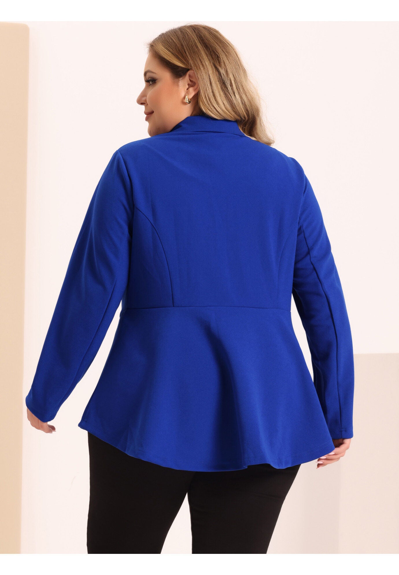 RUFFLE V NECK BUTTON NOTCH PANEL PEPLUM BLAZER, Cobalt Blue / Cornflower Blue, alternate image number 3