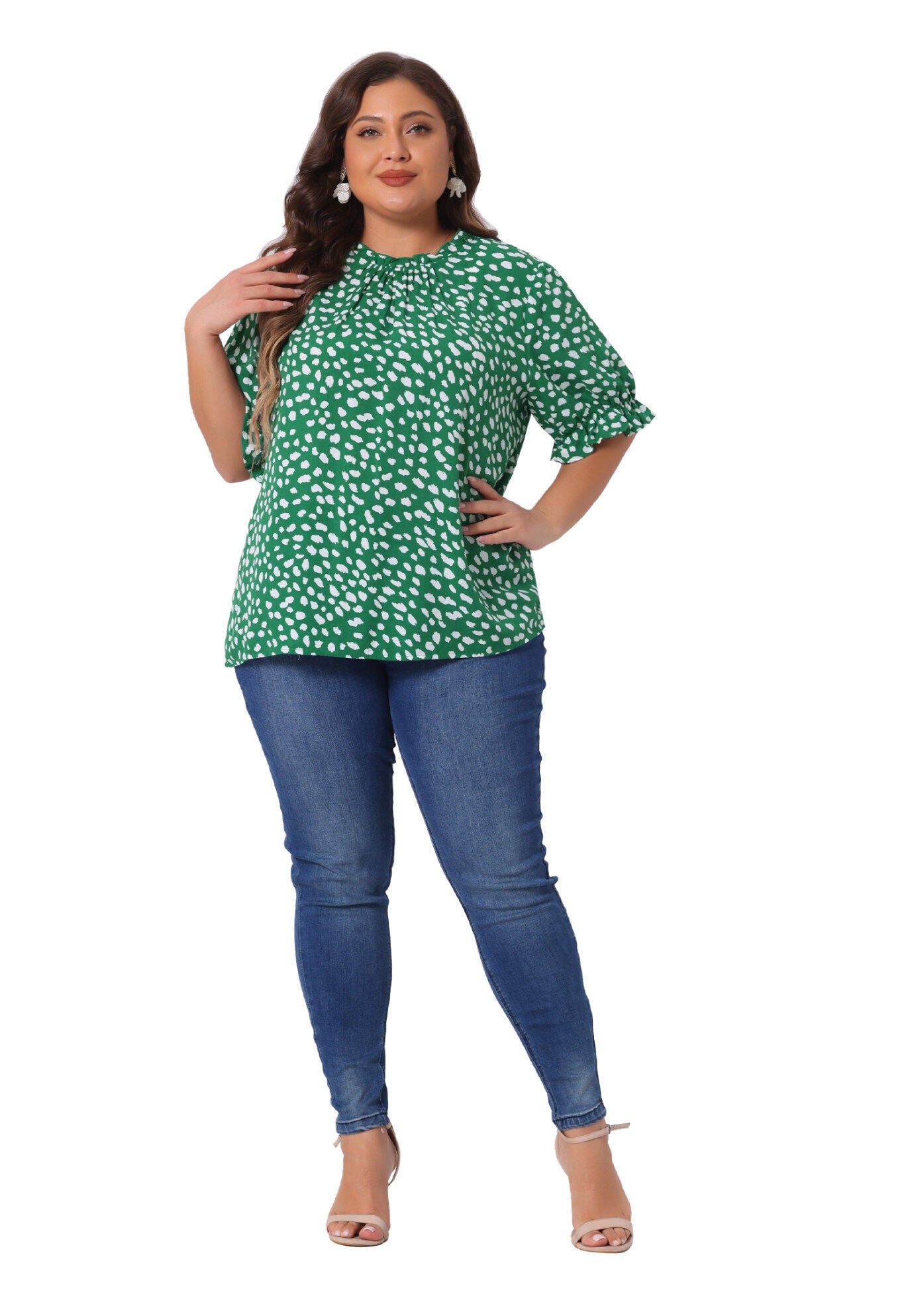Polka Dots Printed Short Sleeve Ruffle Mock Neck Blouse, Green / Kelly Green, hi-res image number 0