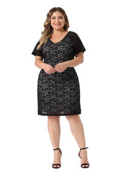 V NECK SHORT SLEEVE COCKTAIL WEDDING GUEST BODYCON LACE PENCIL DRESS