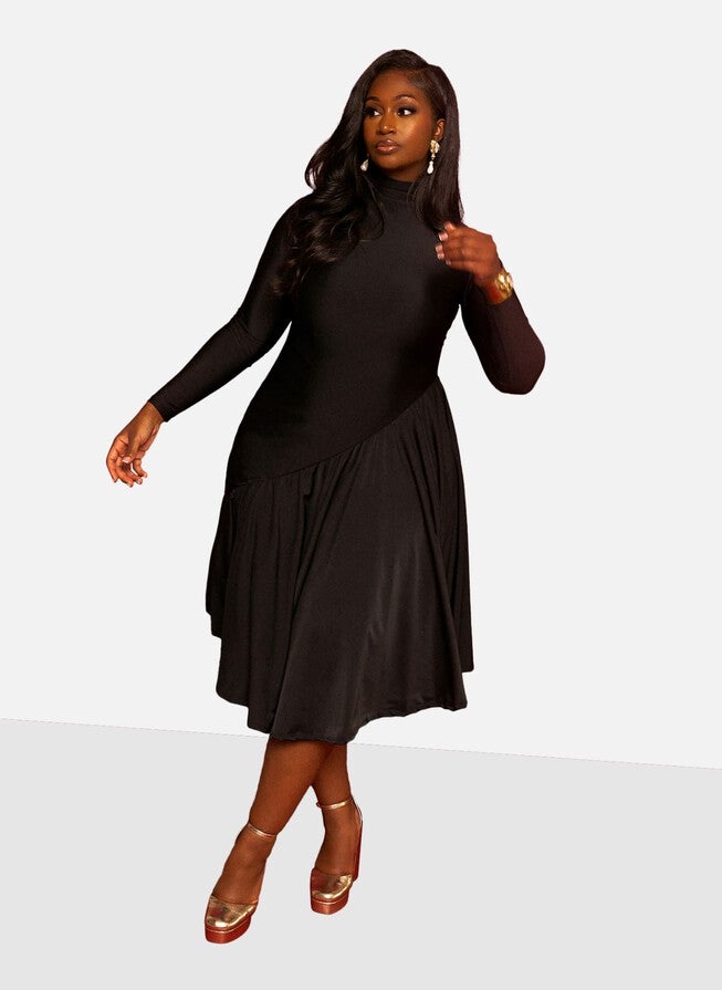 Holly Assymetrical Skater Midi Dress, Black / Black, hi-res image number 0
