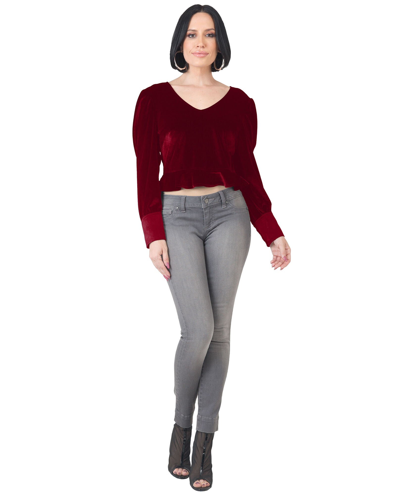 Plus Size Stretch Velvet Peplum Top, Deepred / New Wine, alternate image number 4