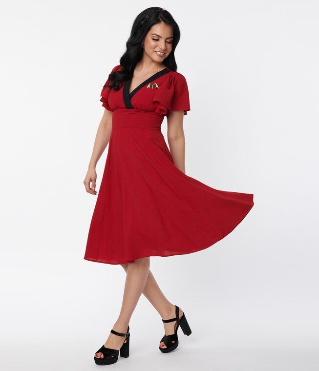 Unique Vintage Burgundy & Black Bat Brooch Swing Dress, Red / Burgundy, hi-res image number null