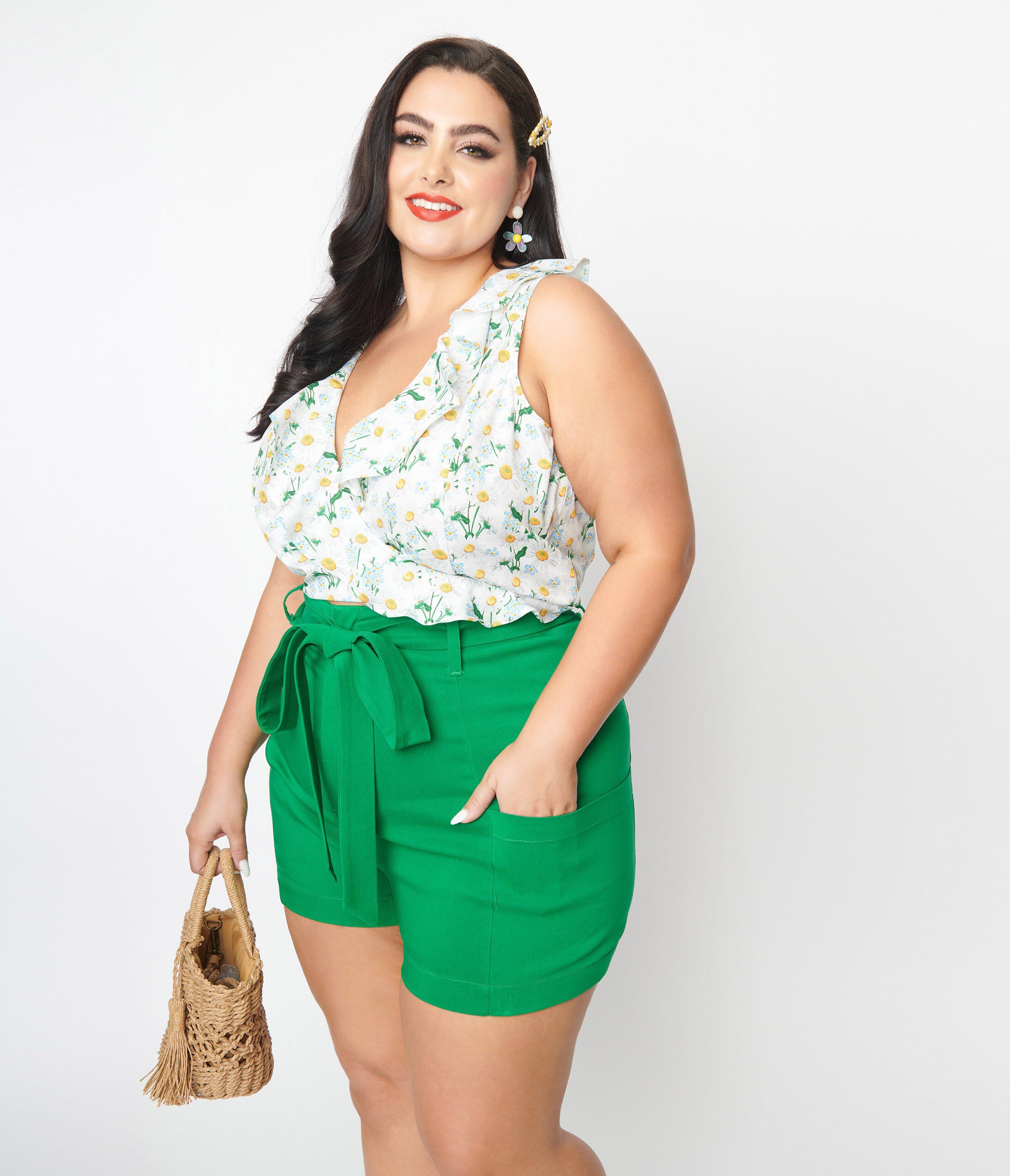 Unique Vintage Green High Waist Tied & True Shorts, , alternate image number 8