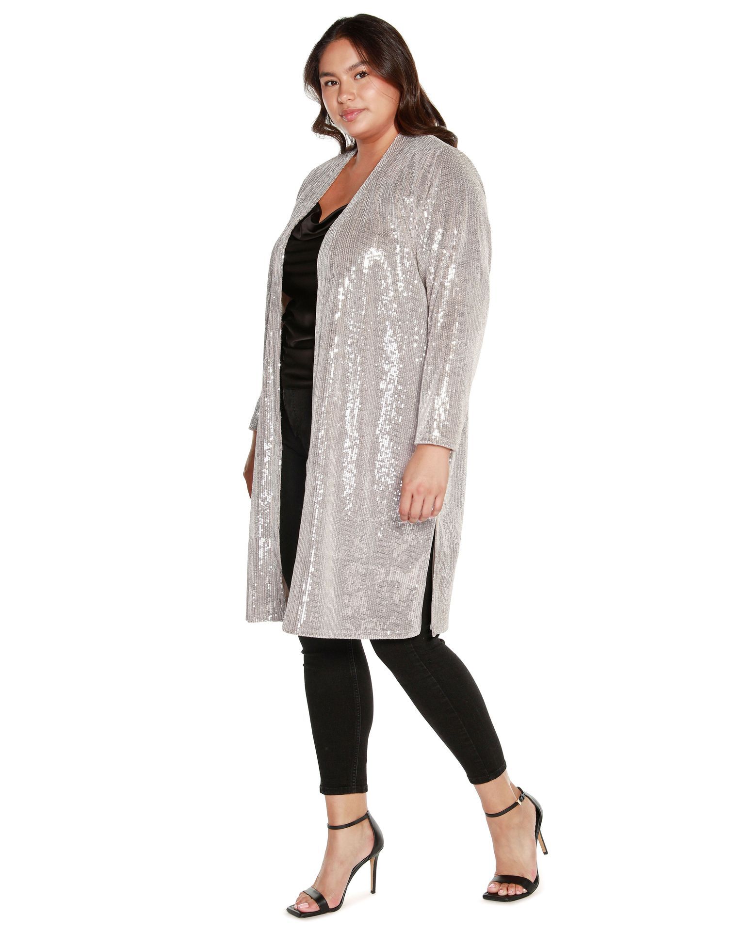 Plus Size Stretch Velvet Sequin Knit Duster, Silver / Silver, alternate image number 2