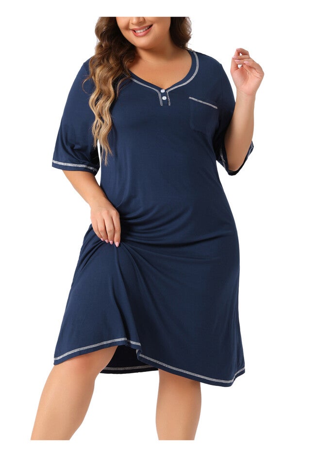 Short Sleeve V Neck Loose Sleepdress, Navy Blue / Navy, alternate image number null