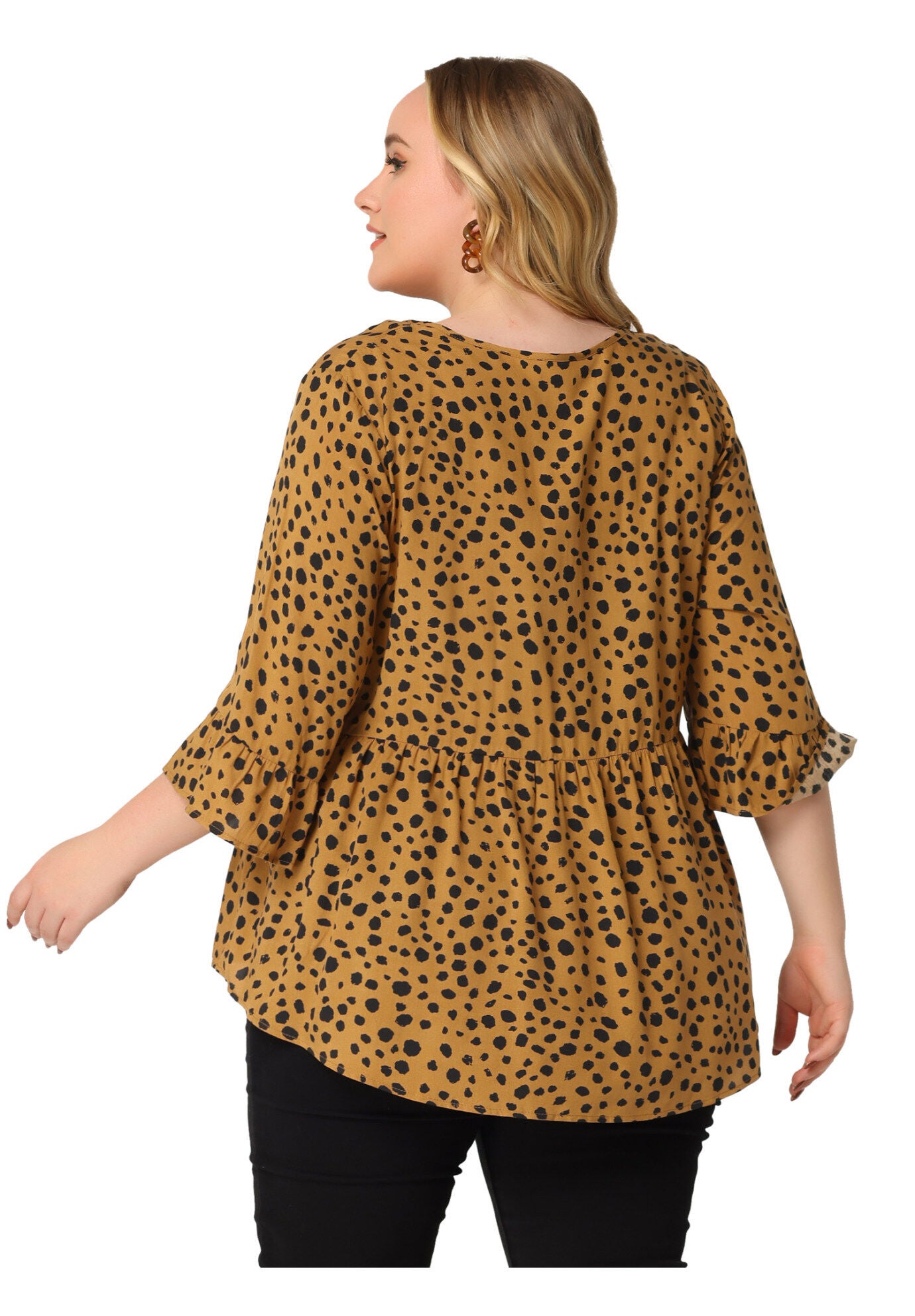 Polka Dots Blouse 3/4 Ruffle Sleeve Peplum Top, Brown / Brown, alternate image number 3
