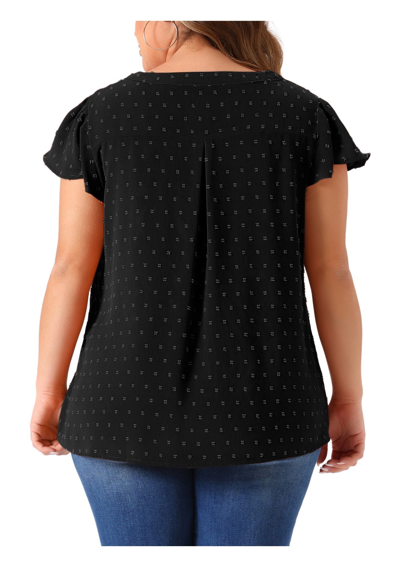 Swiss Dots Notched Neck Ruffle Sleeve Blouse, Black / Black, alternate image number 3