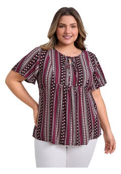 Boho Floral Print Drawstring Collar Blouse