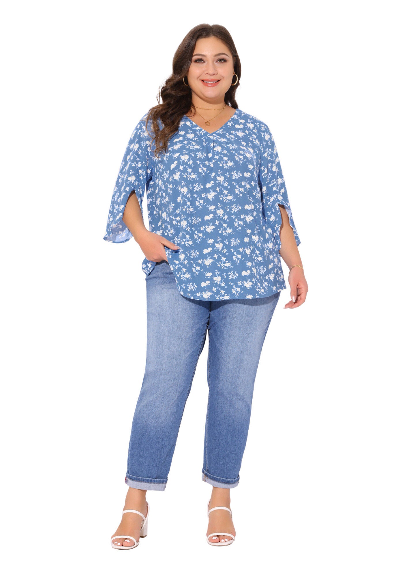 3/4 Sleeve V Neck Chiffon Shirt Tunic Top, Blue / Cornflower Blue, hi-res image number 0