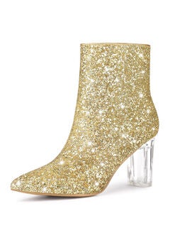 CLEAR BLOCK HEEL GLITTER PARTY BOOTS
