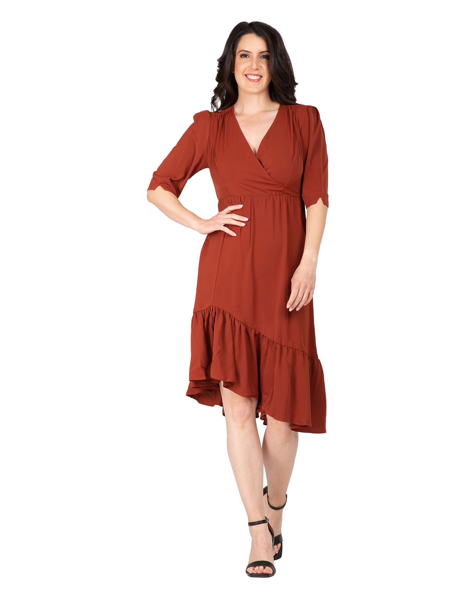 Kelsie Women&#39;s Ruched sleeve V Neck Ruffle Hem Midi Dress, Brownie / Terracotta, hi-res image number 0