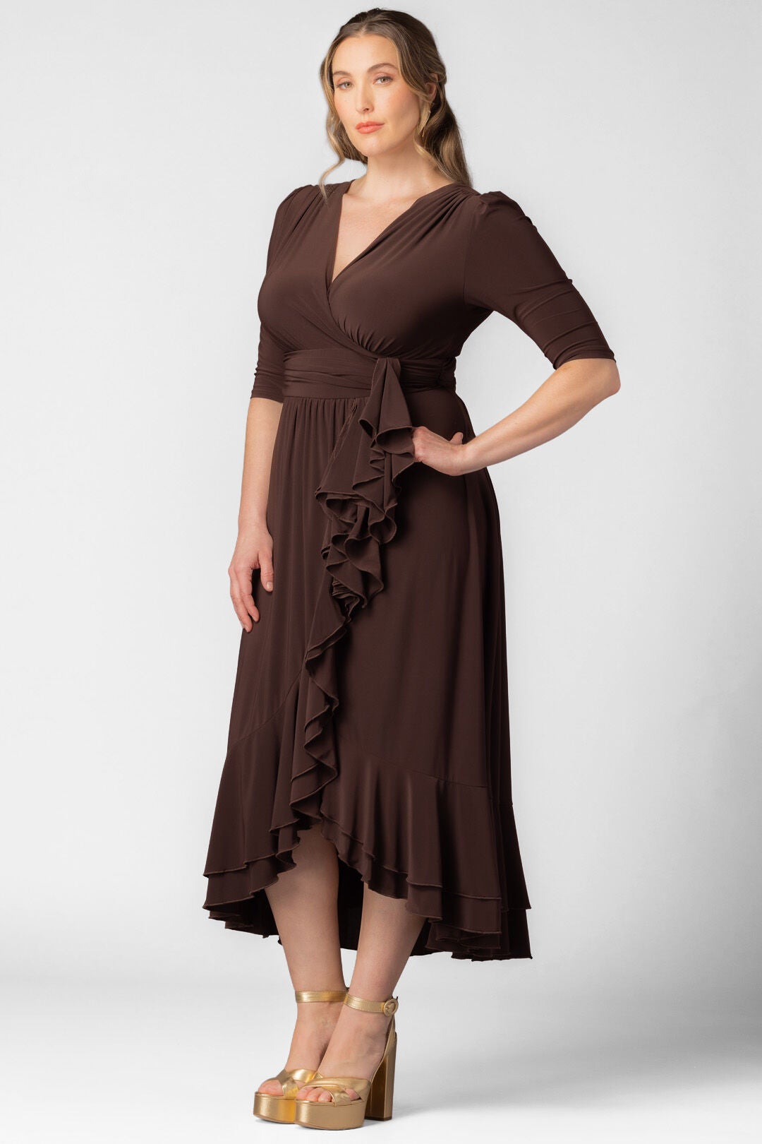 Veronica Ruffle Evening Gown, Chocolate / Brown, alternate image number 3