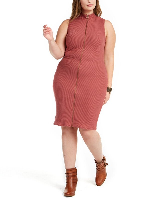 Planet Gold Juniors' Trendy Plus Size Sleeveless Zip-Front Sweater Dress Brown Size 2 Extra Large, Brown / Brown, hi-res image number 0