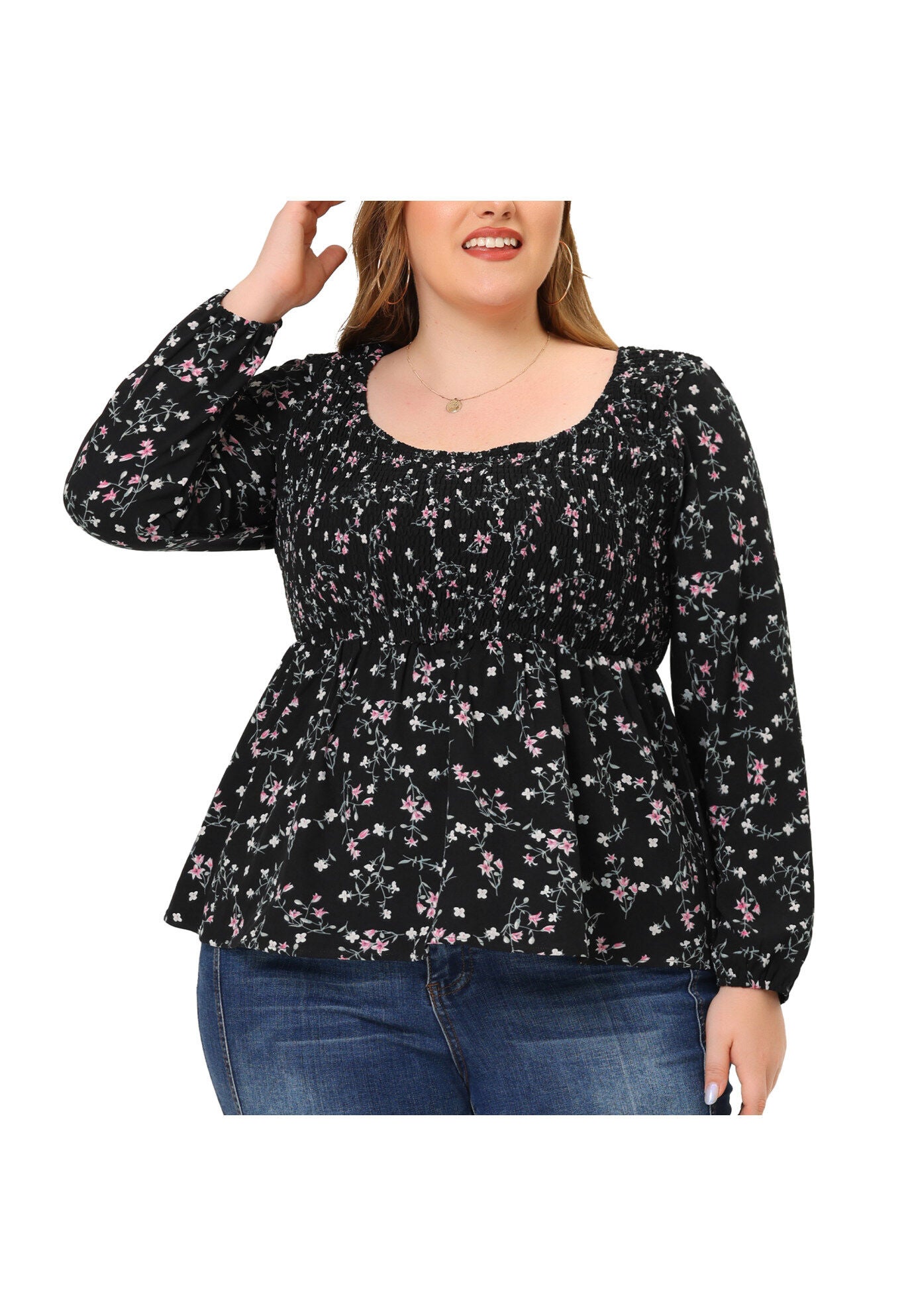 Floral Square Neck Smock Waist Peplum Top, Black / Black, alternate image number 1