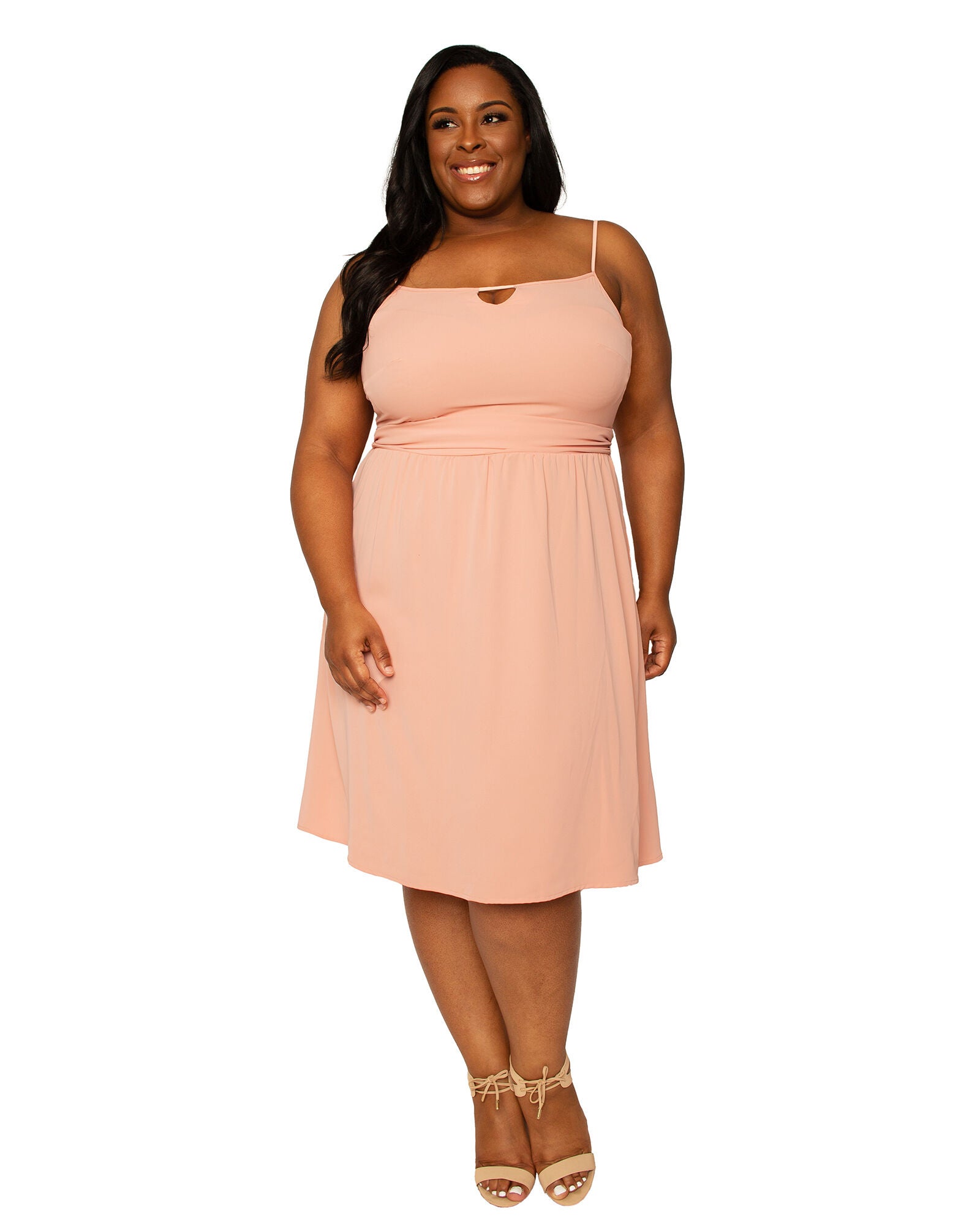 Livia Women&#39;s Plus Size Thin Strap Peach Midi Dress, Peach / Peach, hi-res image number 0