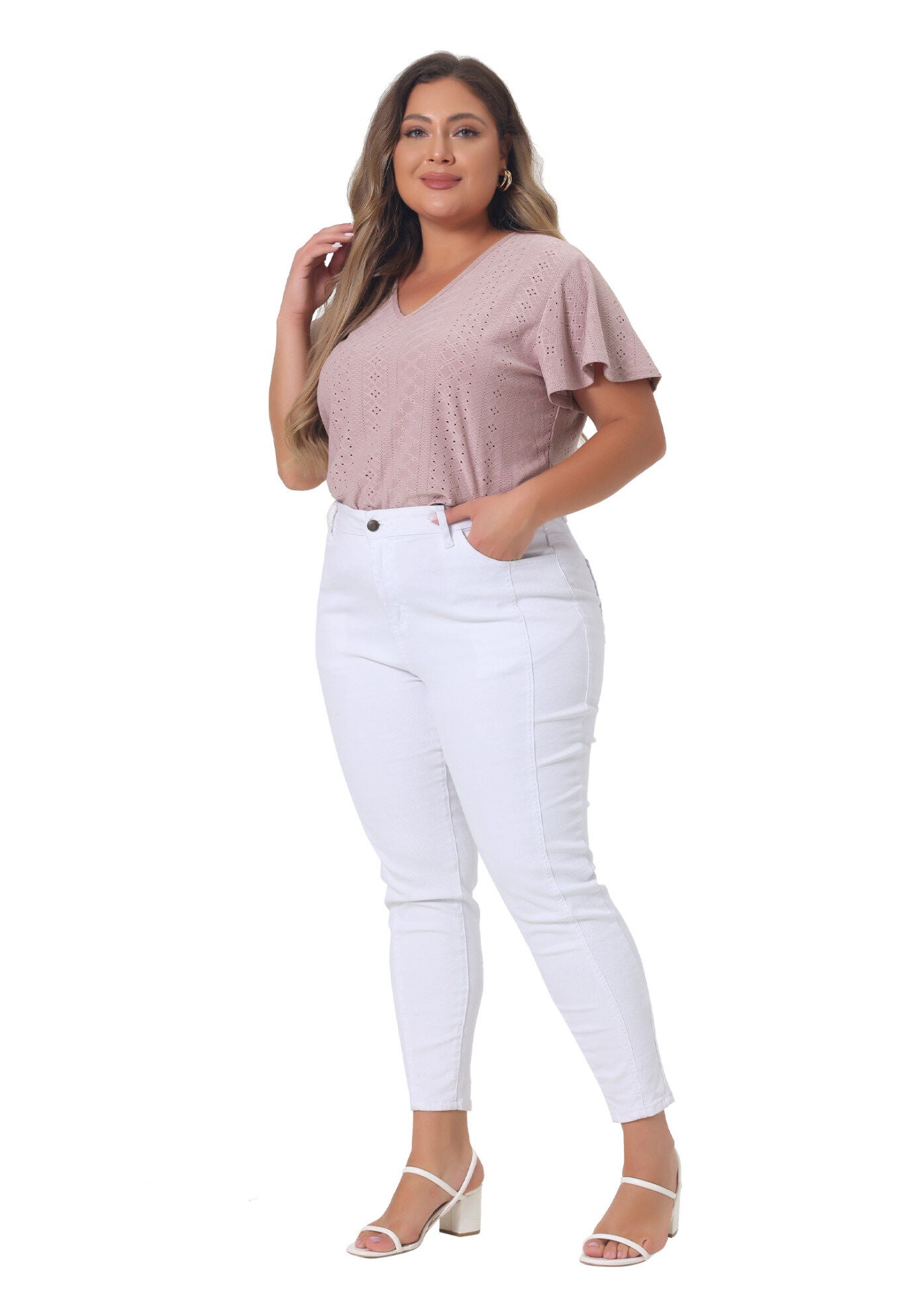 Summer Tee V Neck Hollow Flare Short Sleeve Casual Top Tunic, Pink / Pink, hi-res image number 0