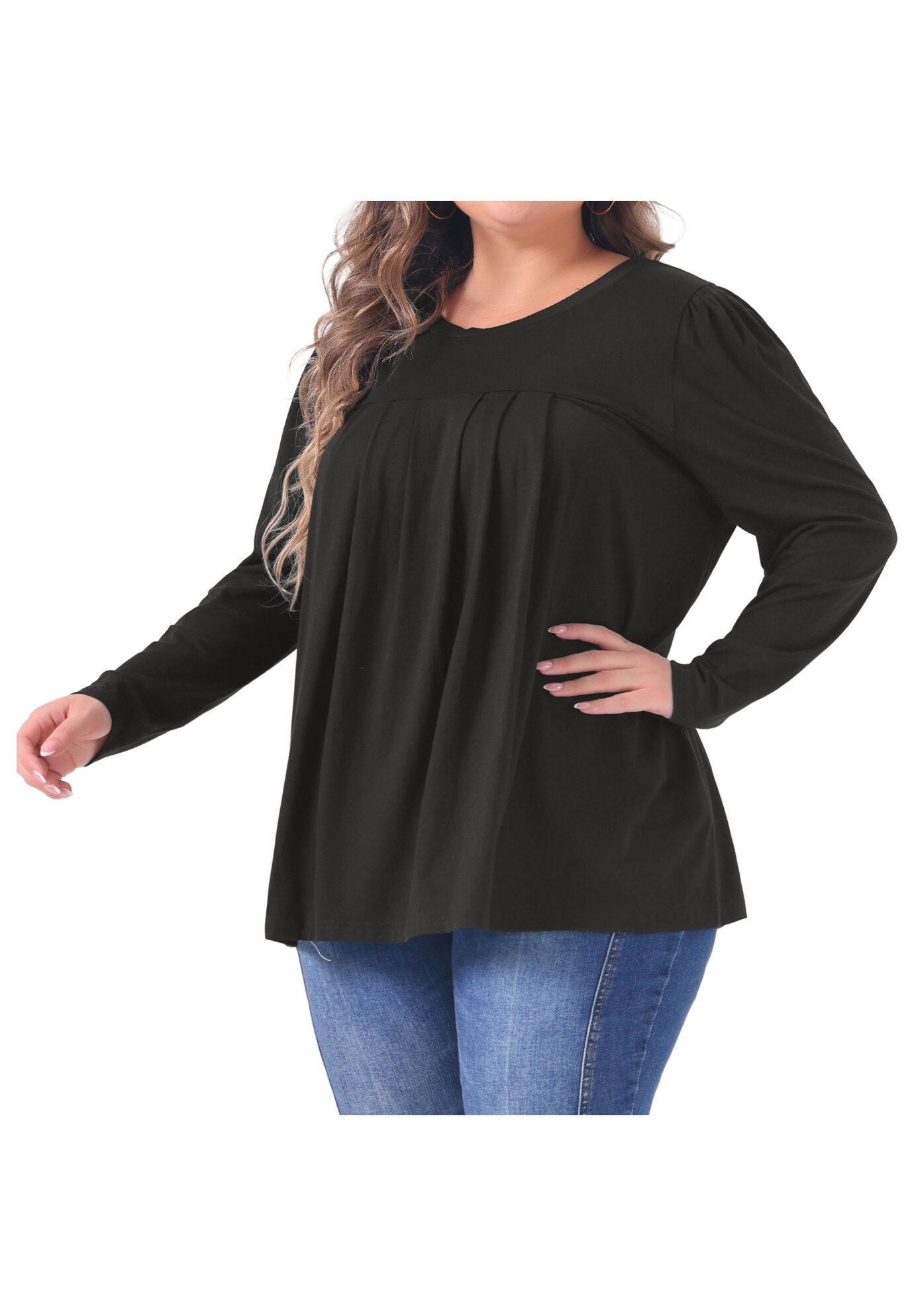 Pleated Crew Neck Blouses Casual Loose Top, Black / Black, alternate image number 1