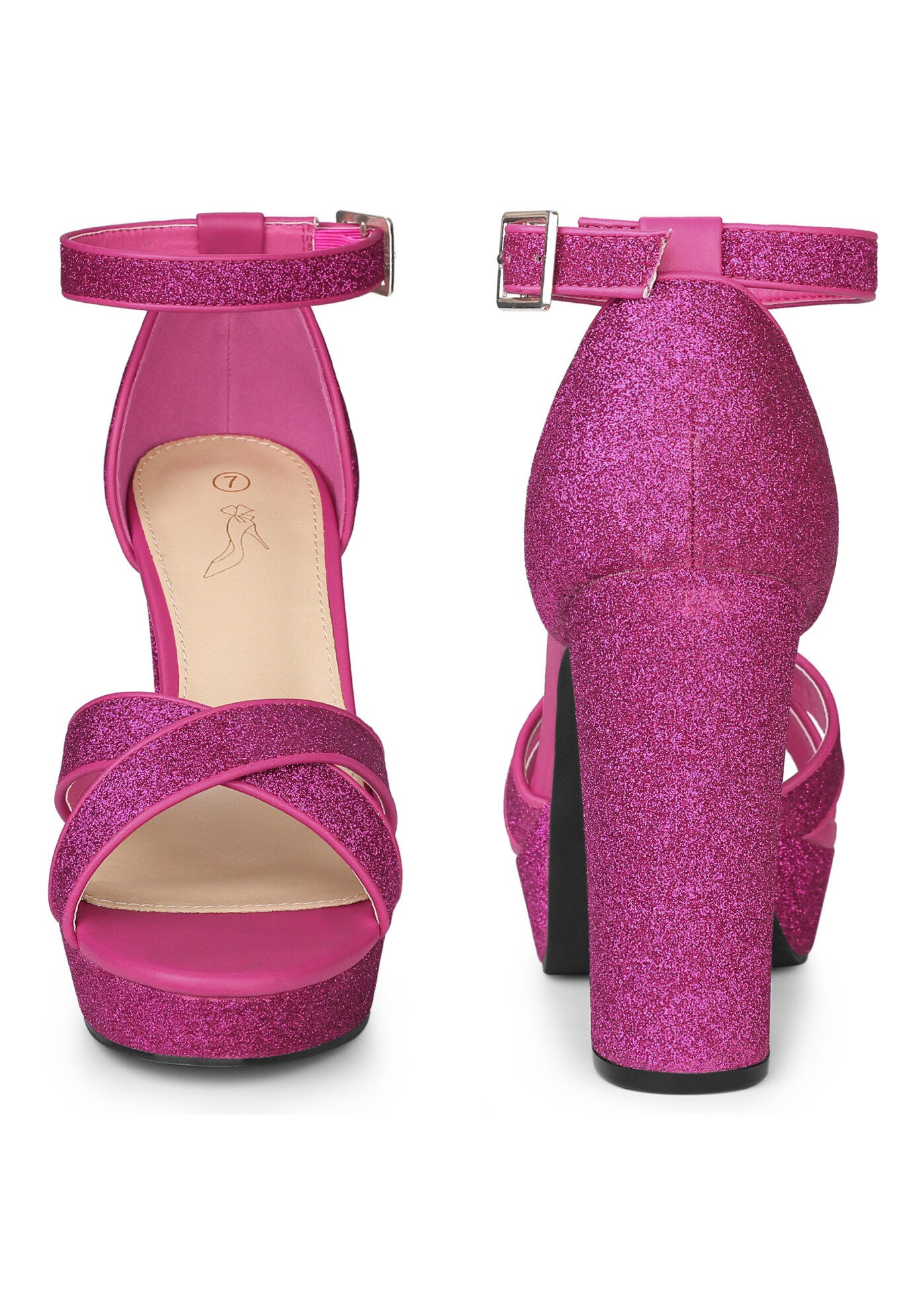 Glitter Platform Crisscross Strap Chunky Heels Sandals, Hot Pink / Deep Fuchsia, alternate image number 4