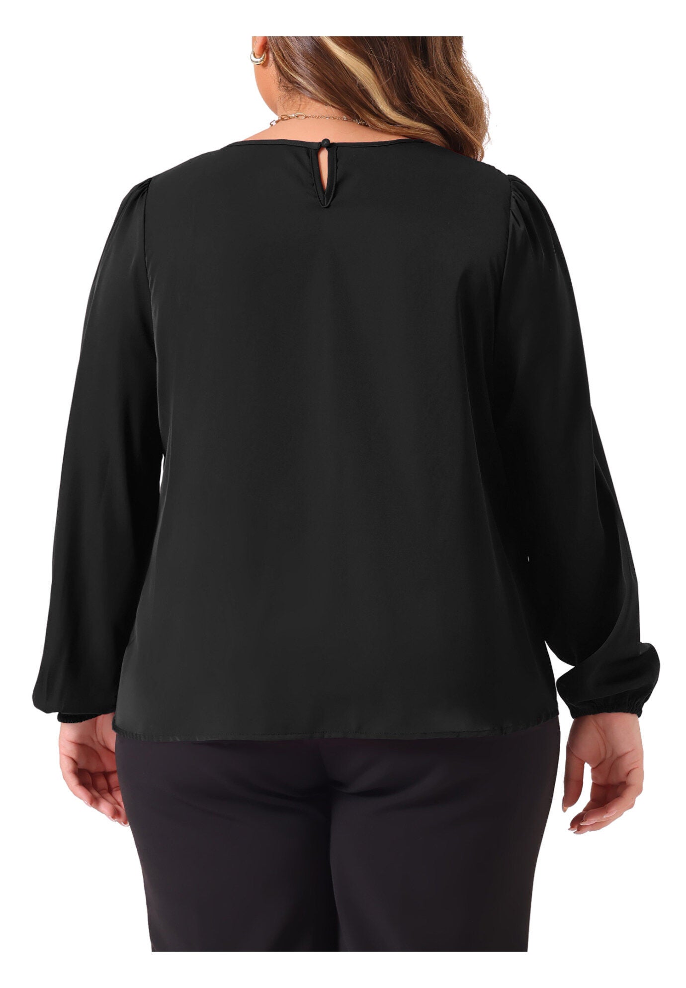 Crew Neck Pleated Work Office Long Sleeve Blouse, Black / Black, alternate image number 3