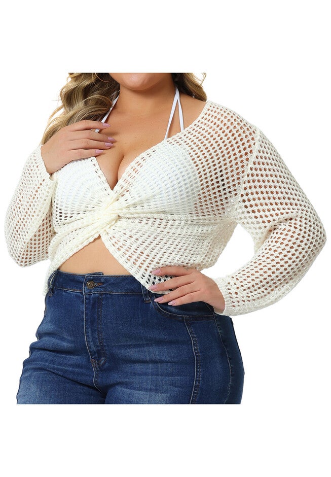 Mesh Crochet Crop Top Hollow Out Knit See Through Cover Up, Cream White / Cream, alternate image number 1