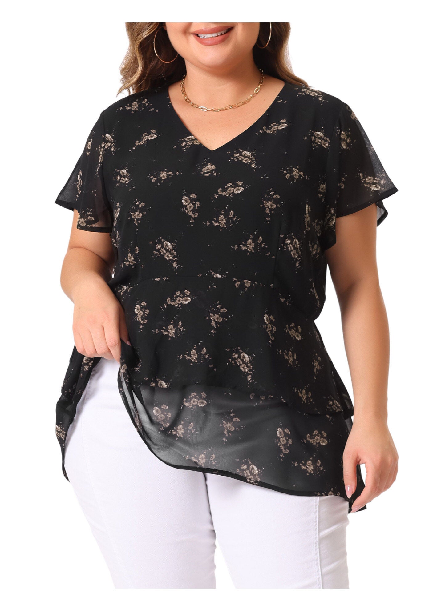 Short Sleeve Layered Casual Floral Blouse Summer Top, Dark Black / Black, alternate image number 1