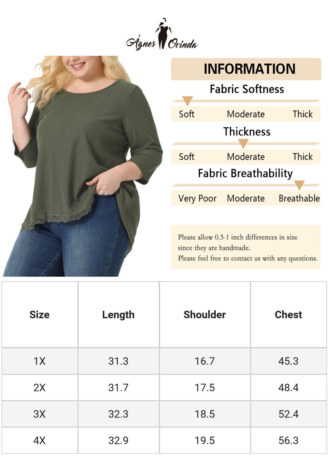 Waffle 3/4 Sleeve Lace Panel Loose High Low Hem Blouse Top, Army Green / Olive Green, alternate image number 4