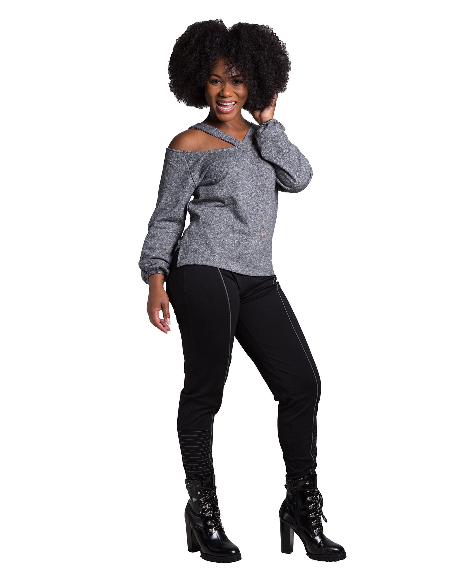 Della Women&#39;s V Self Straps Off Shoulder Long Sleeve Top, Grey / Charcoal Grey, alternate image number 2