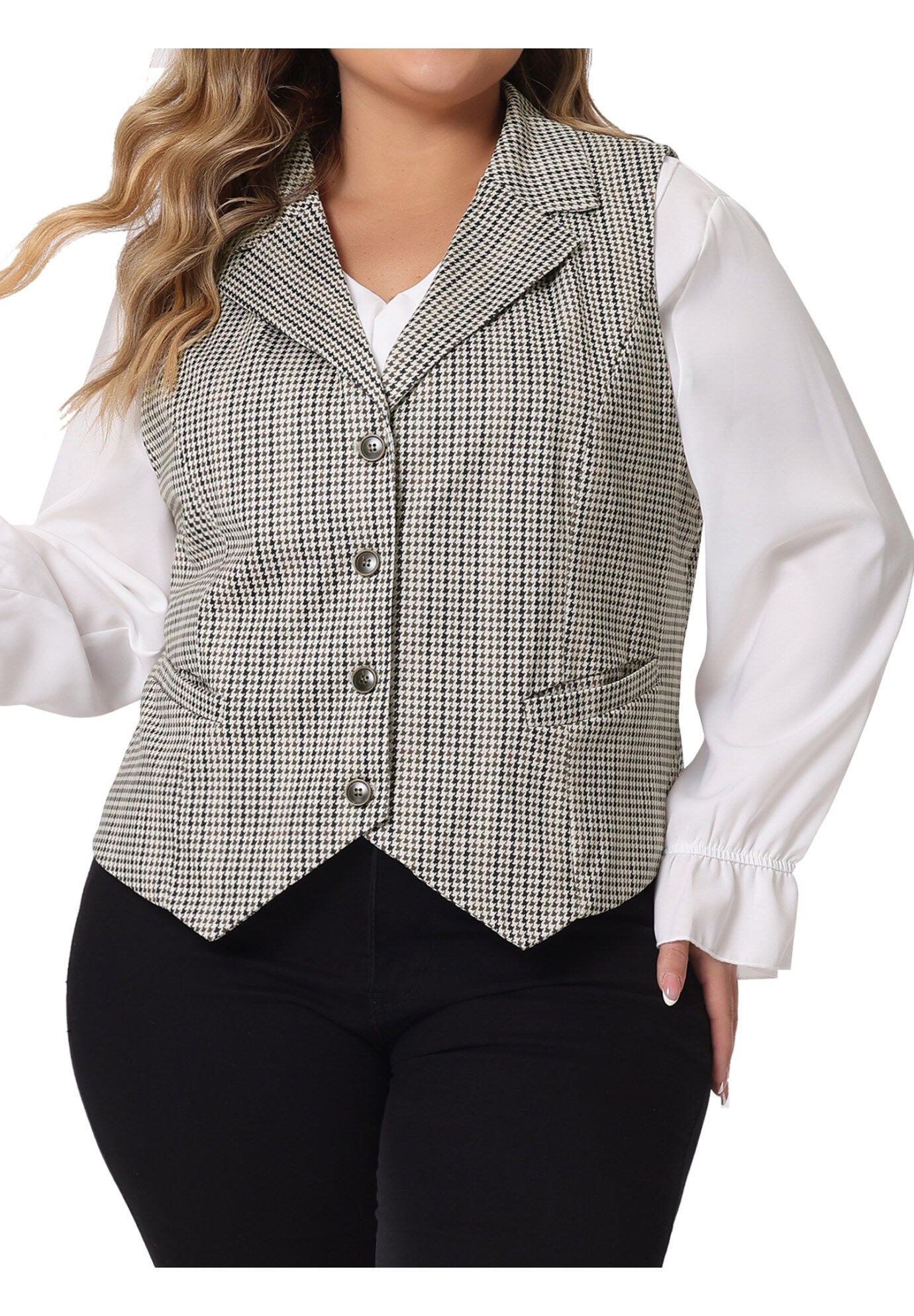 VINTAGE BUTTON STEAMPUNK PLAID WAISTCOAT VEST, Black Brown / Taupe, alternate image number 2