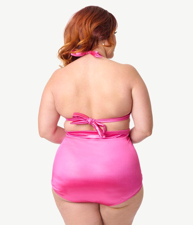 Unique Vintage Plus Size Pink Shimmer Monroe Halter Swim Top, Pink / Pink, alternate image number 1