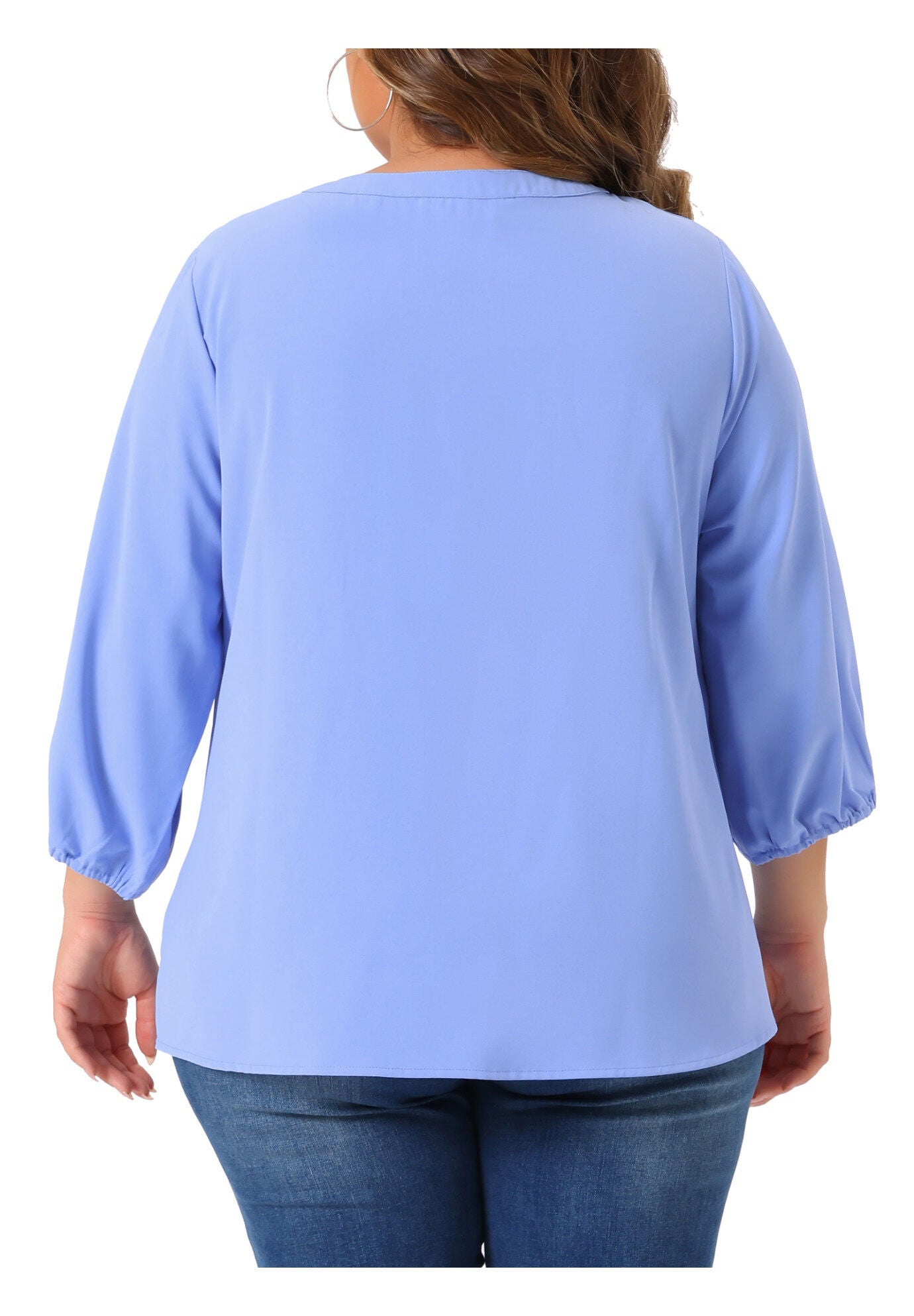3/4 Sleeve Work Office Tie Front Ruffle Chiffon Blouse Top, Light Blue / Light Blue, alternate image number 3