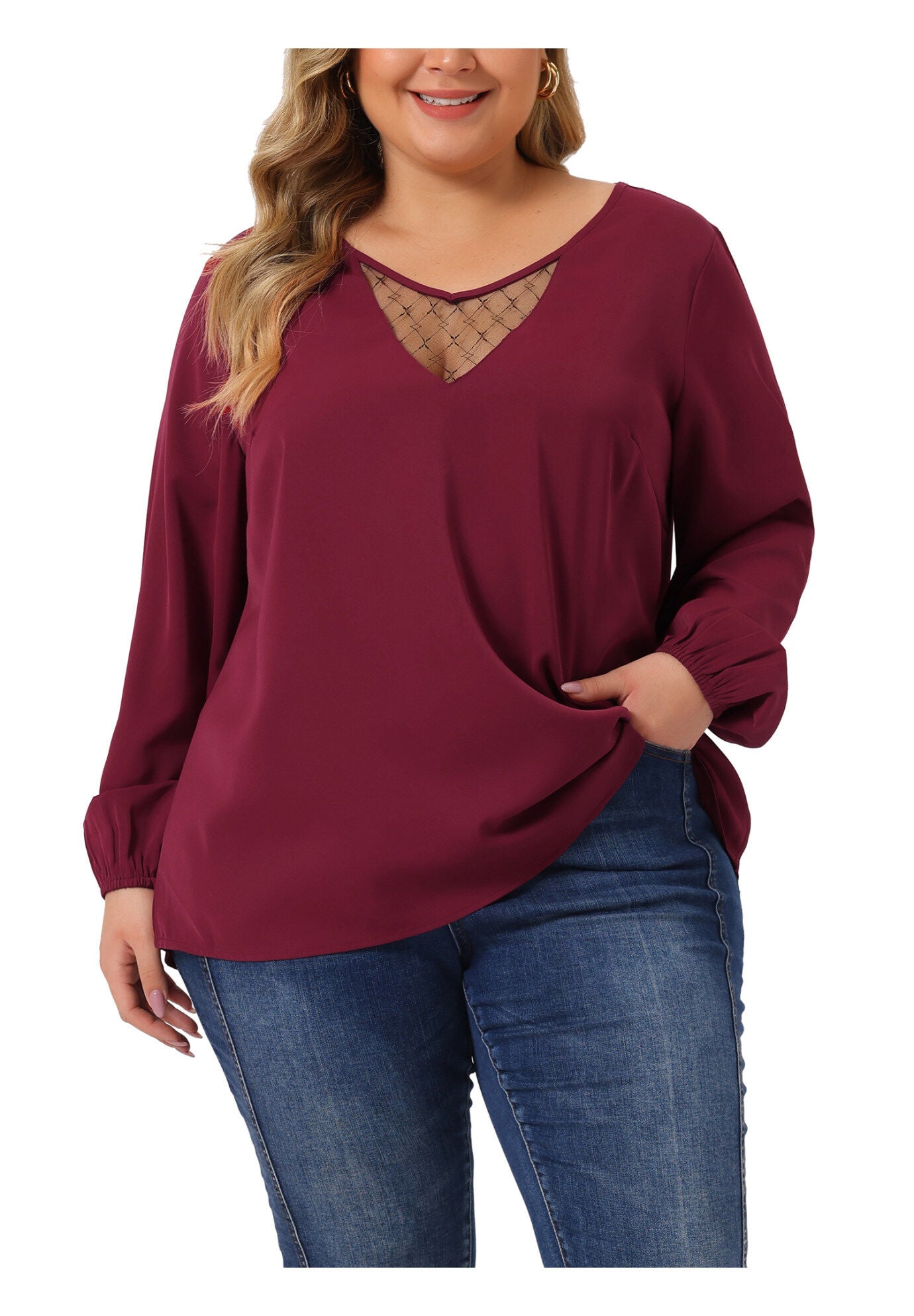 LONG SLEEVE LACE V NECK TOP, Burgundy / Red, alternate image number 2