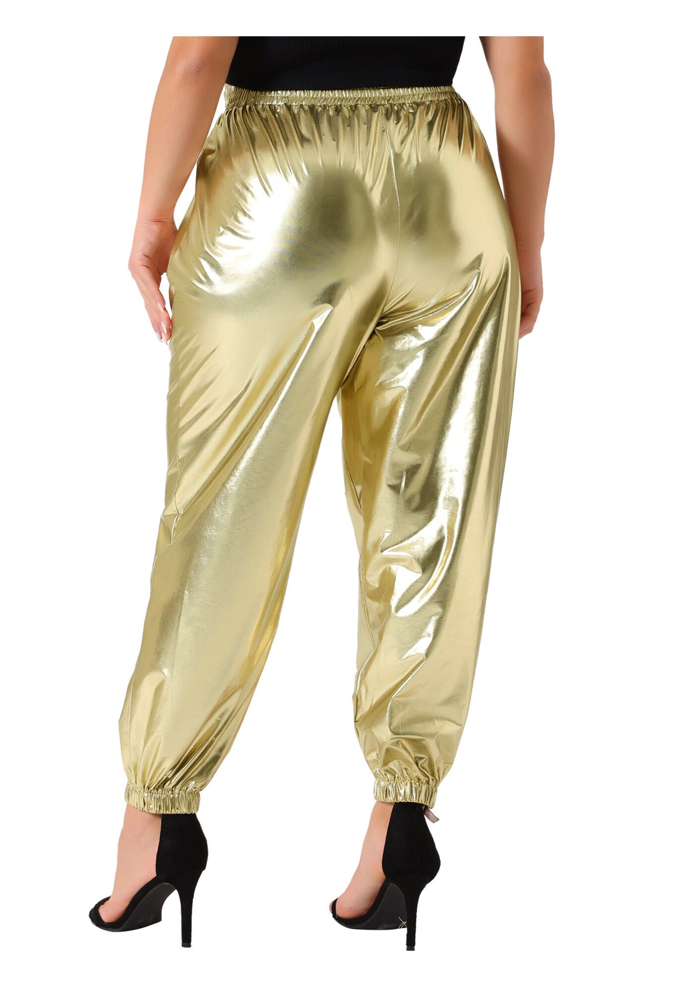 METALLIC SHINY HIGH WAIST STRETCHY HOLOGRAPHIC JOGGER SWEATPANT, Gold / Gold, alternate image number 3
