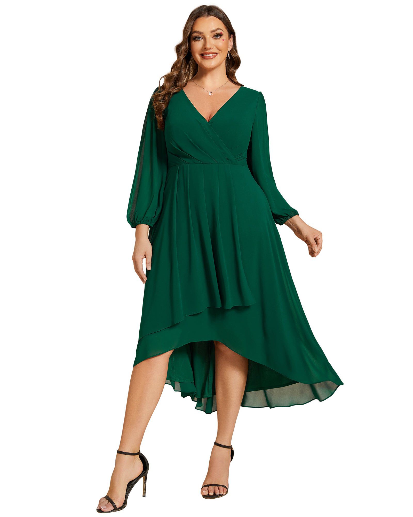 Long Sleeves Asymmetrical Hem A-Line Midi Wedding Guest Dress, Dark Green / Forest Green, hi-res image number 0