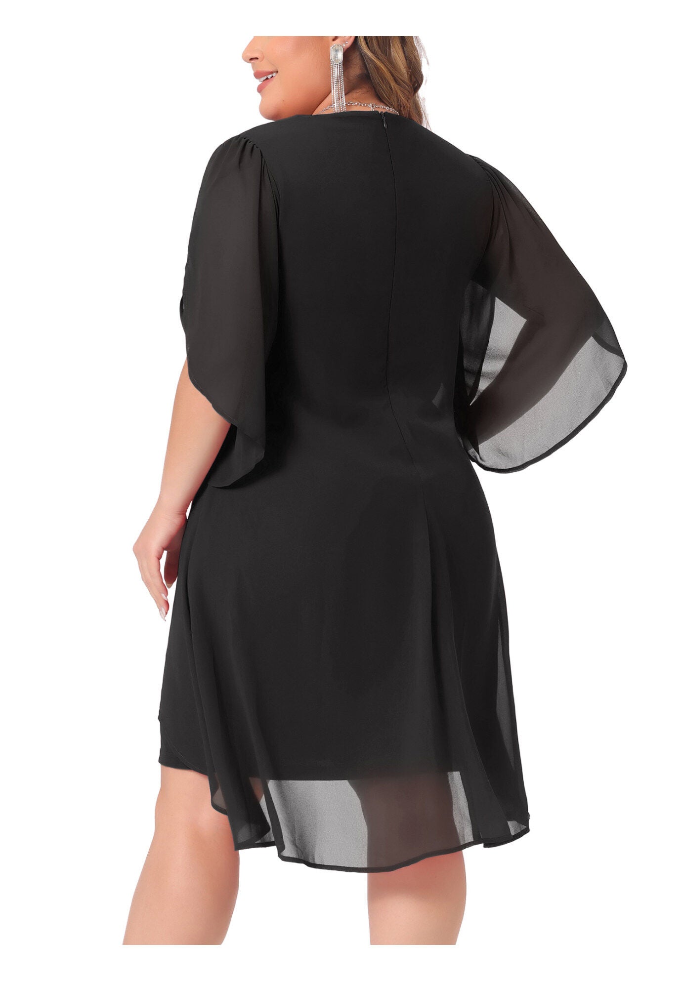 Mesh Wedding Guest Party Chiffon Cocktail Overlay Short Dress, Black / Black, alternate image number 2