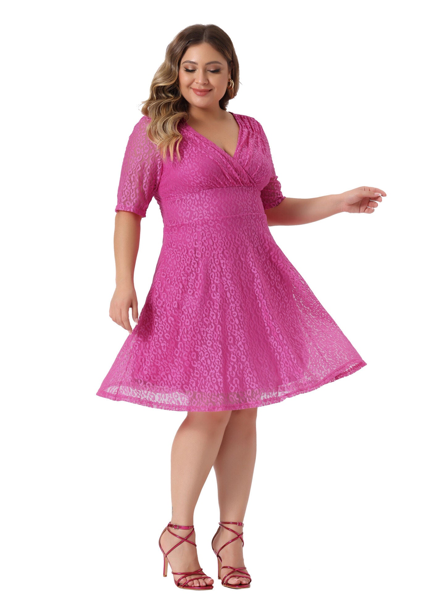 Lace Swing A-Line Cocktail Midi Dress, Hot Pink / Deep Fuchsia, hi-res image number 0